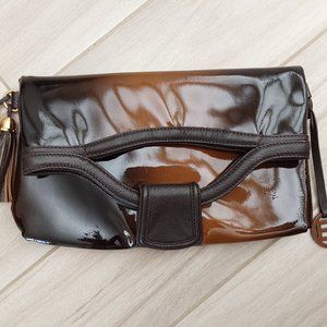 Elliot Lucca Brown/Black Patent Leather Foldover Clutch Handbag
